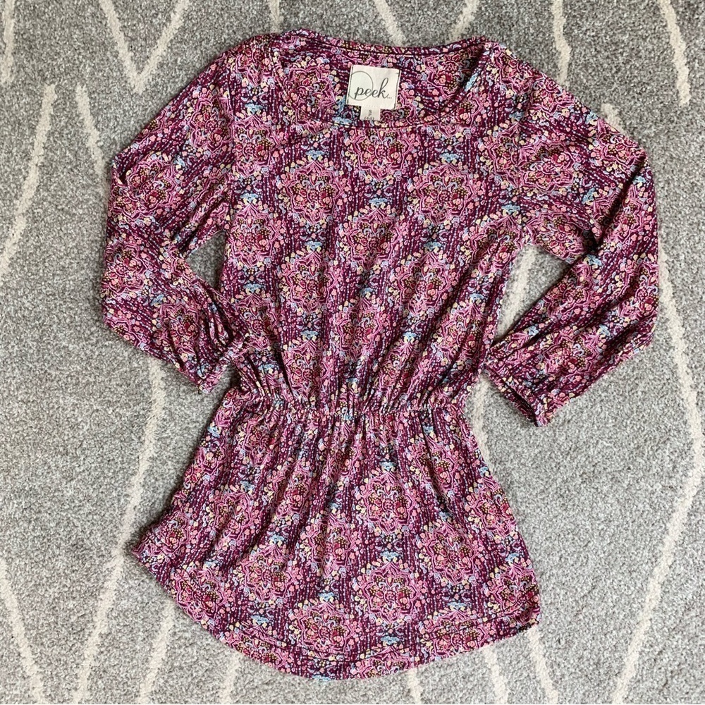 Peek Pink Floral Damask Tie Bloused Waist Stretch Knit Dress Size S (4-5)